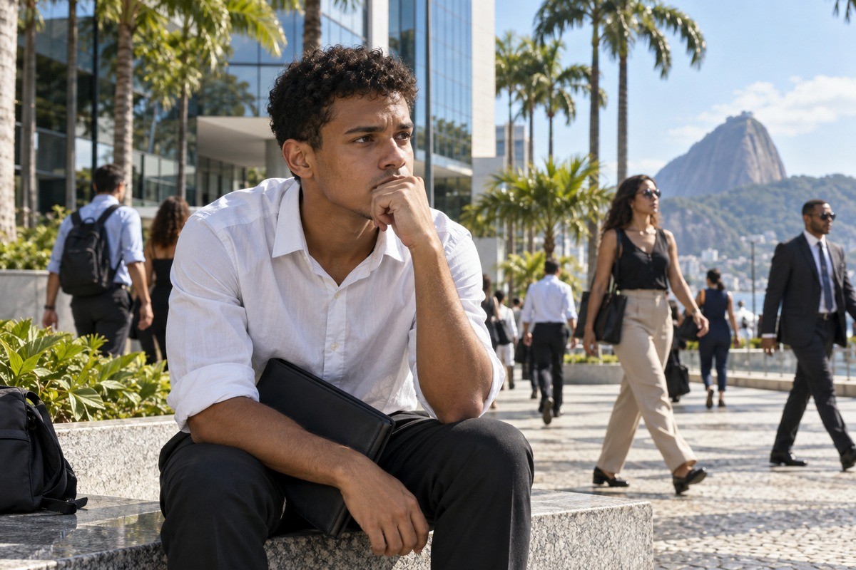 Homem de camisa branca sentado pensativo em praça com pessoas caminhando no Rio de Janeiro.