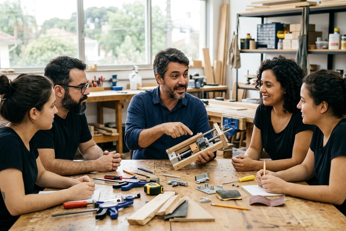Homem aponta para protótipo de madeira enquanto conversa com quatro colegas em uma oficina