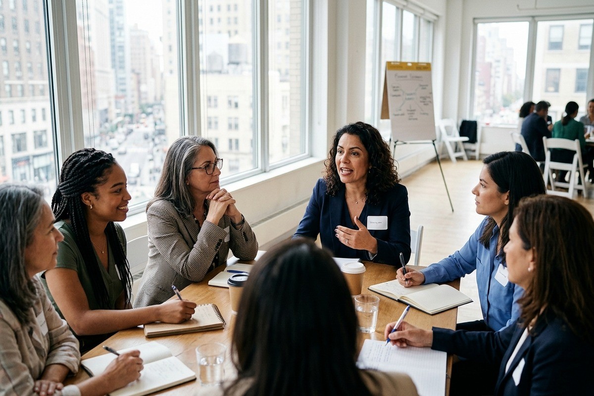 Grupo de mulheres faz anotações enquanto colega fala durante reunião em escritório.