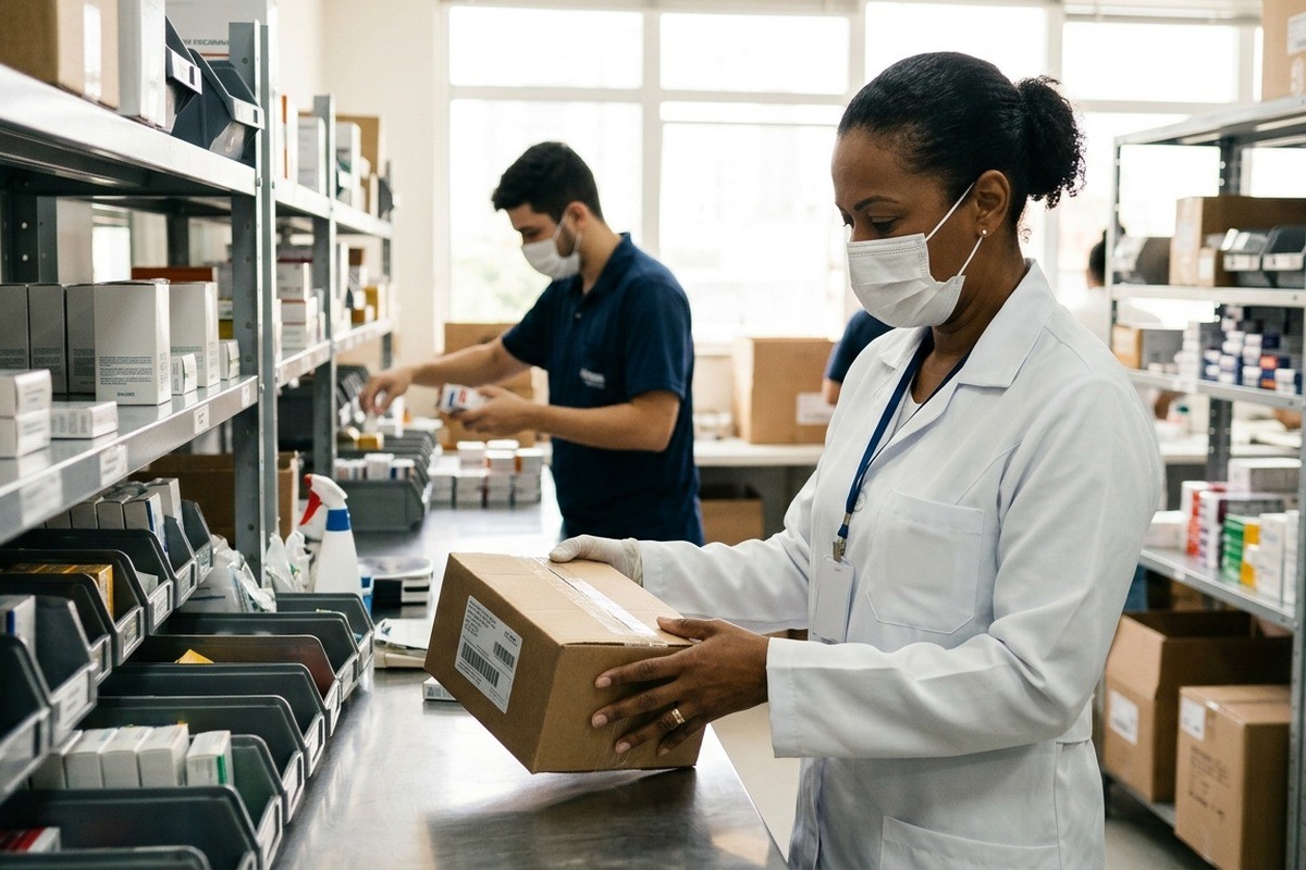 Mulher de jaleco e máscara segura caixa de papelão em estoque de medicamentos.