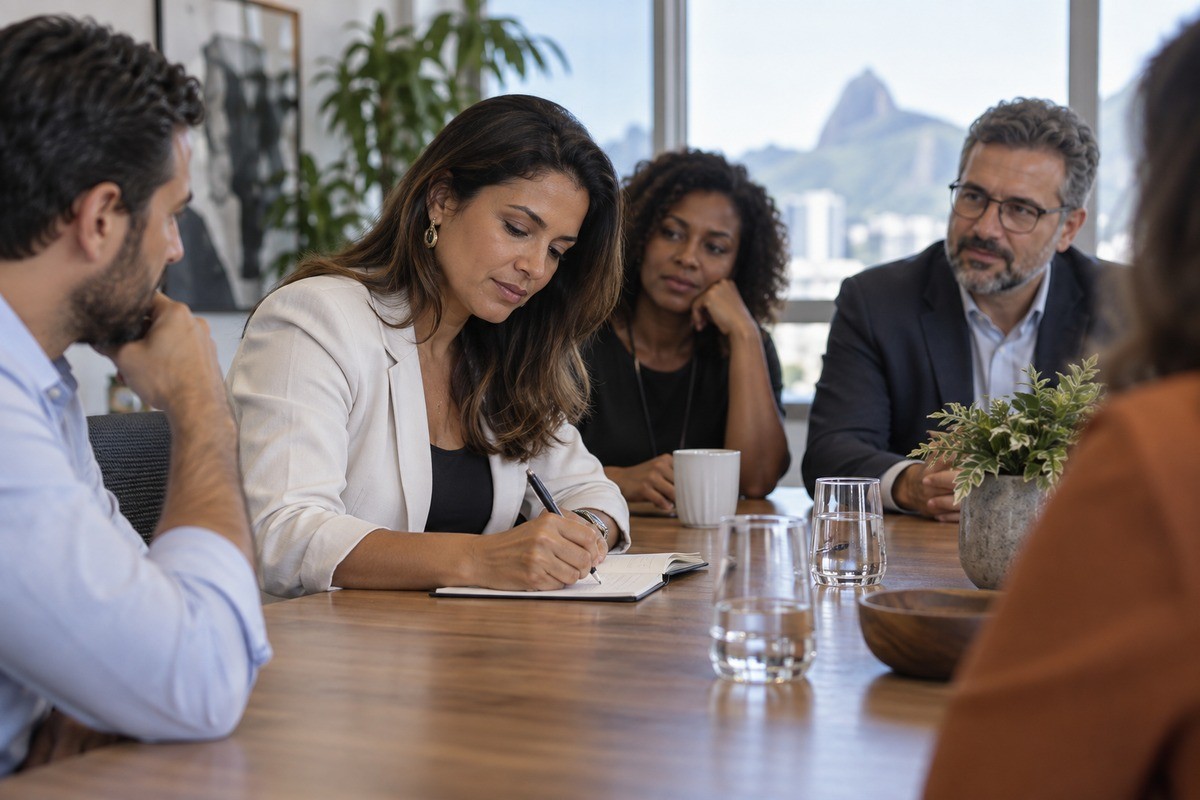 Mulher escreve em caderno durante reunião com profissionais ao redor de mesa de escritório.