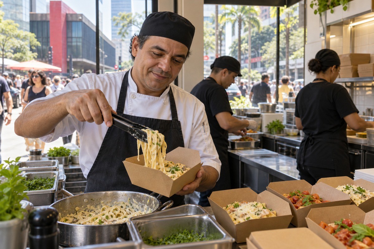 Cozinheiro coloca macarrão em caixa de papelão no balcão de um restaurante.
