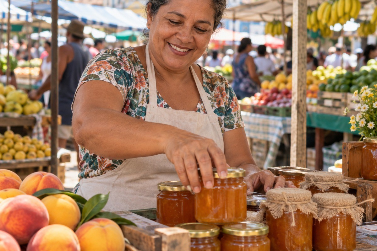 Mulher de avental organiza potes de geleia em banca de feira ao ar livre.