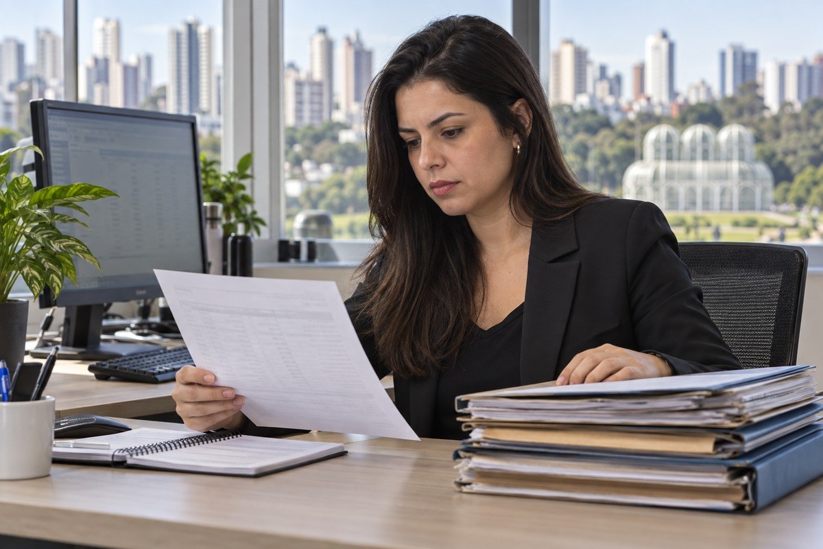 Mulher de blazer preto examina documento em escritório com prédios visíveis pela janela.