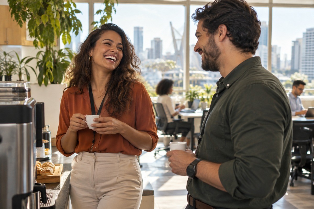 Mulher e homem sorriem segurando xícaras de café na copa de um escritório.