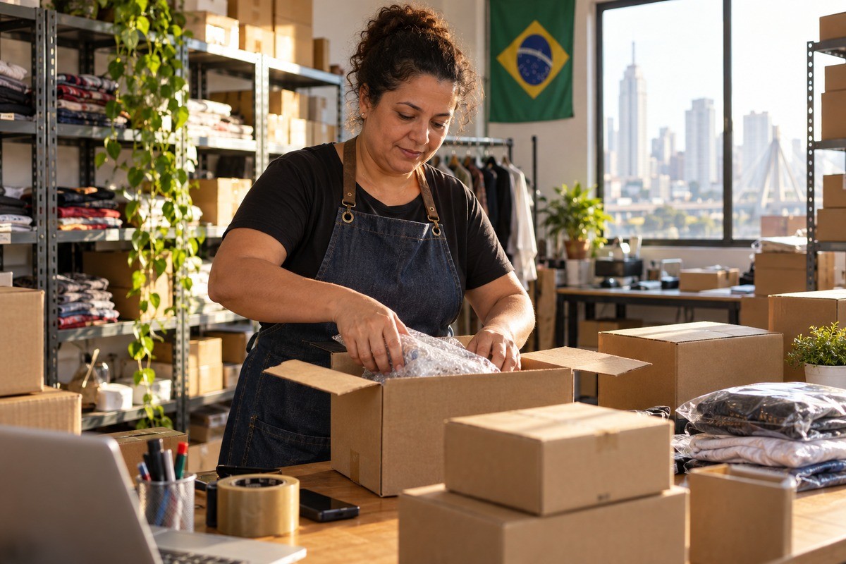Mulher de avental embala produto em caixa de papelão dentro de um estoque.