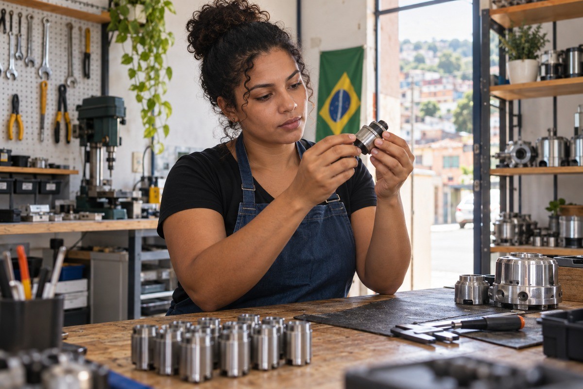 Mulher de avental examina peça metálica em bancada de oficina mecânica.