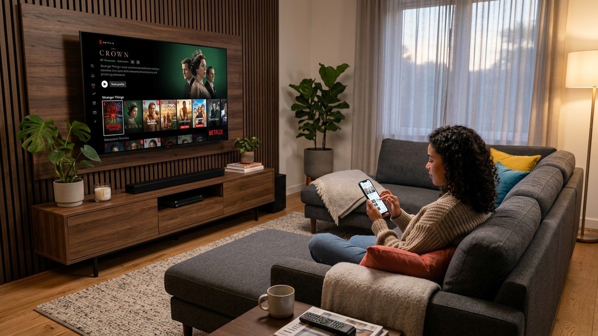 Mulher sentada no sofá usa celular em sala de estar com televisão ligada na Netflix.