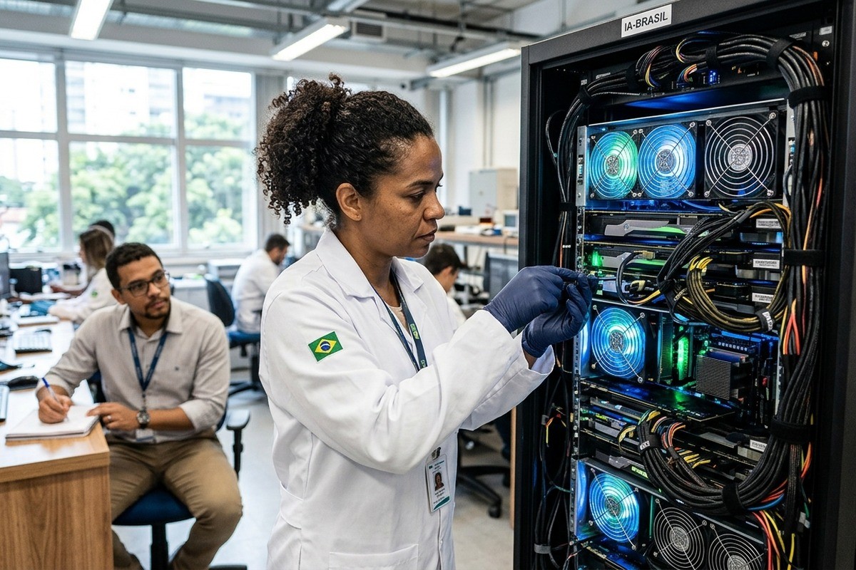 Pesquisadora de jaleco ajusta servidor em laboratório enquanto homem faz anotações ao fundo.