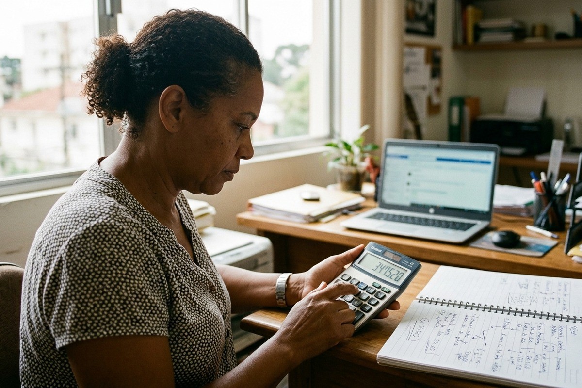 Mulher usa calculadora enquanto trabalha em mesa de escritório com notebook e caderno aberto.
