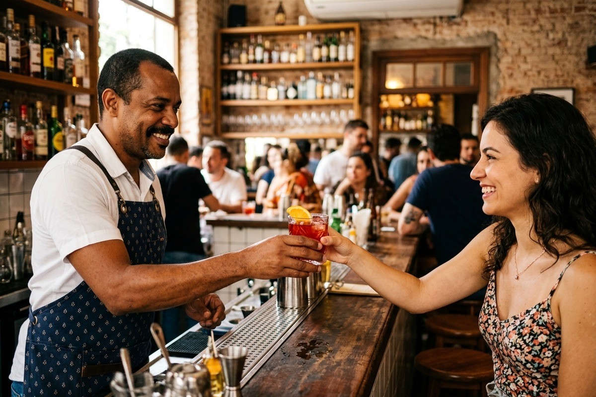Bartender de avental entrega coquetel vermelho para mulher no balcão de um bar.