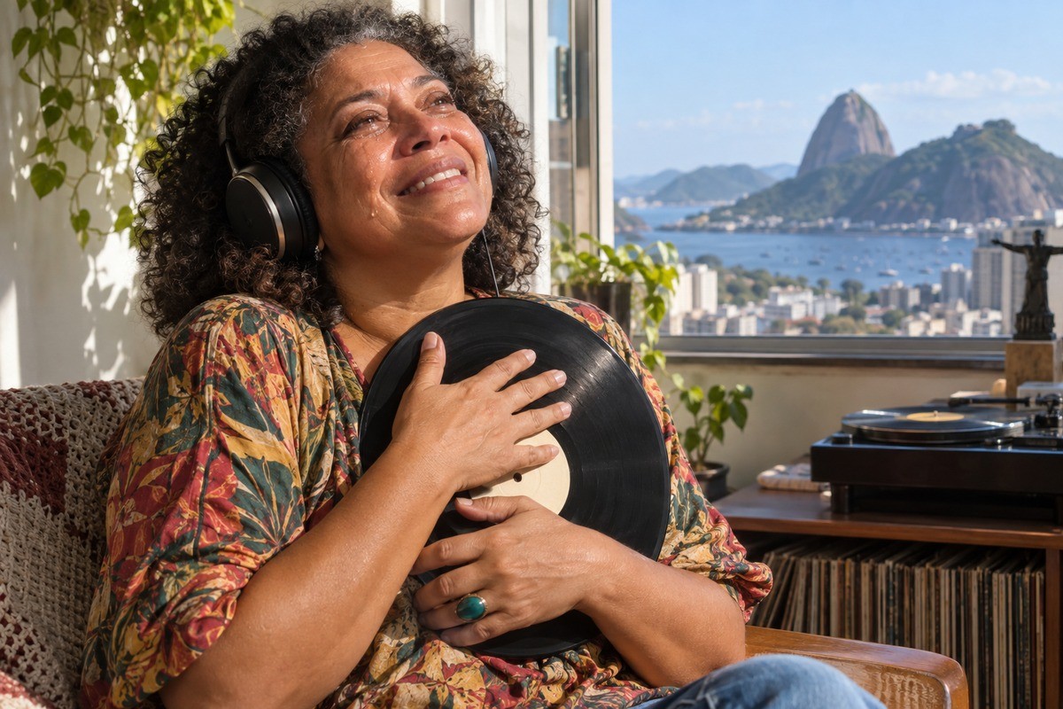 Mulher sorri usando fones de ouvido e abraçando um disco de vinil perto da janela.