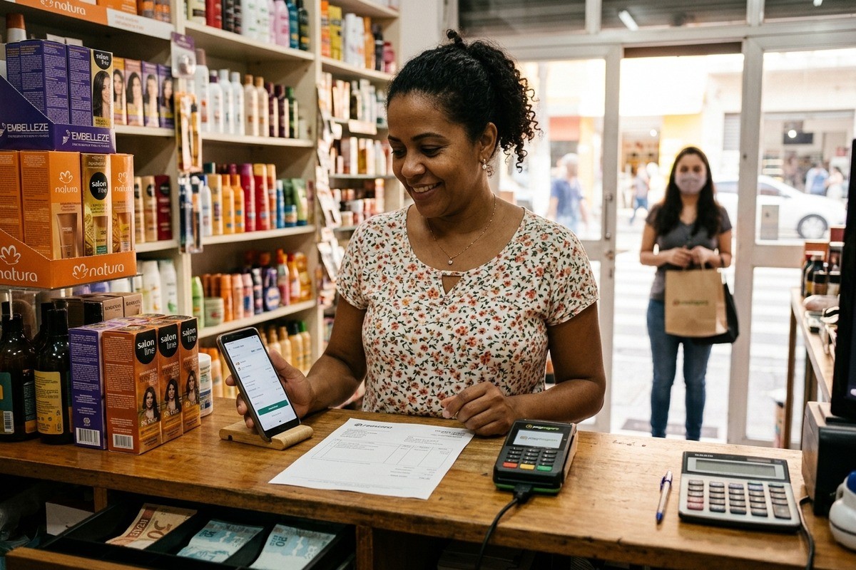 Comerciante sorri atrás do balcão segurando celular em loja de cosméticos.
