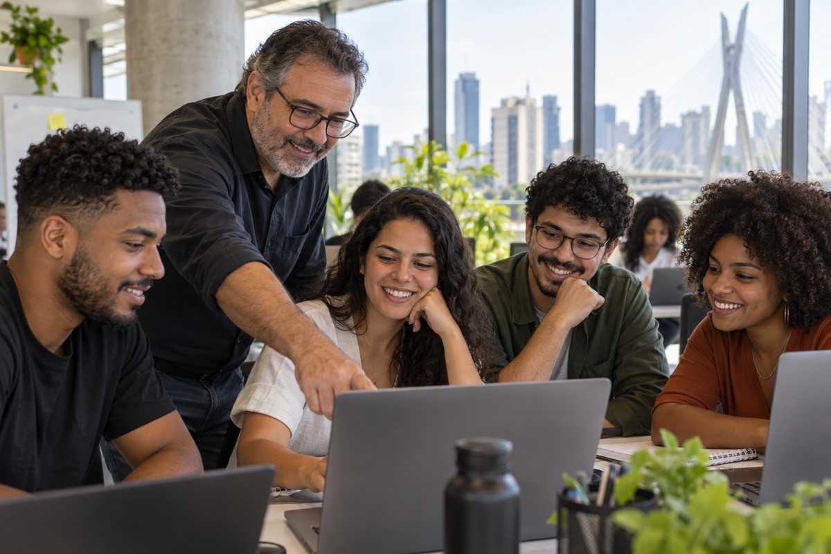 Homem de óculos aponta para tela de computador enquanto quatro jovens observam no escritório.