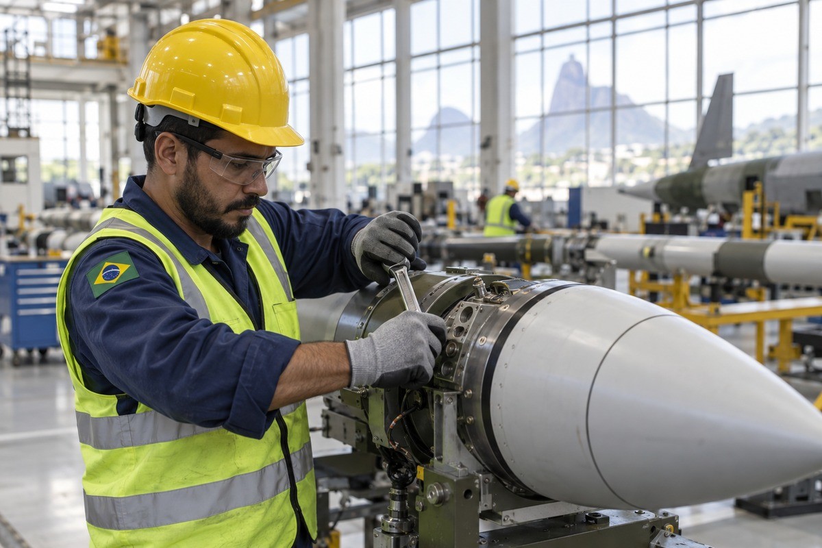 Técnico com capacete amarelo aperta estrutura de míssil com ferramenta em hangar industrial.