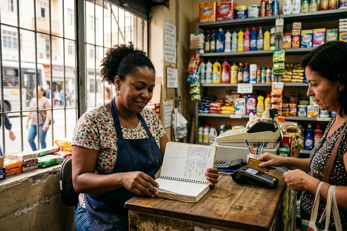 Comerciante segura caderno no balcão de mercearia enquanto cliente paga com cartão.
