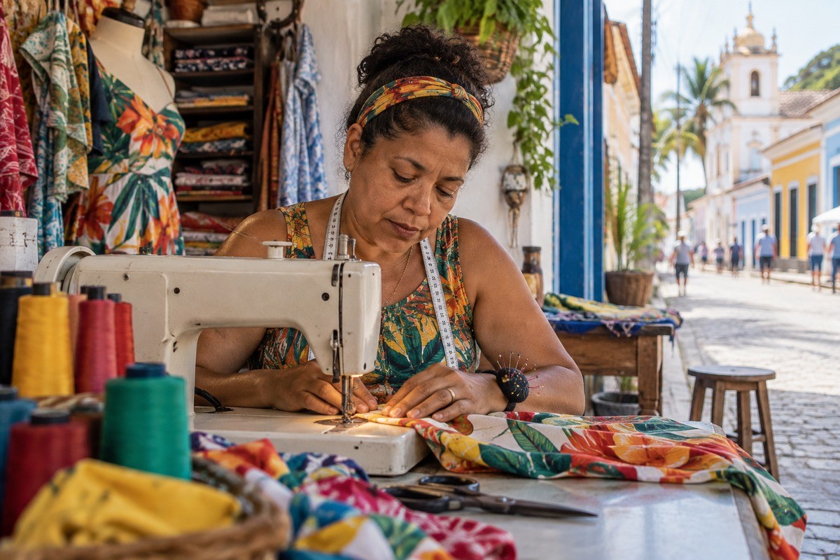 Mulher costura tecido estampado em máquina de costura na entrada de uma loja.