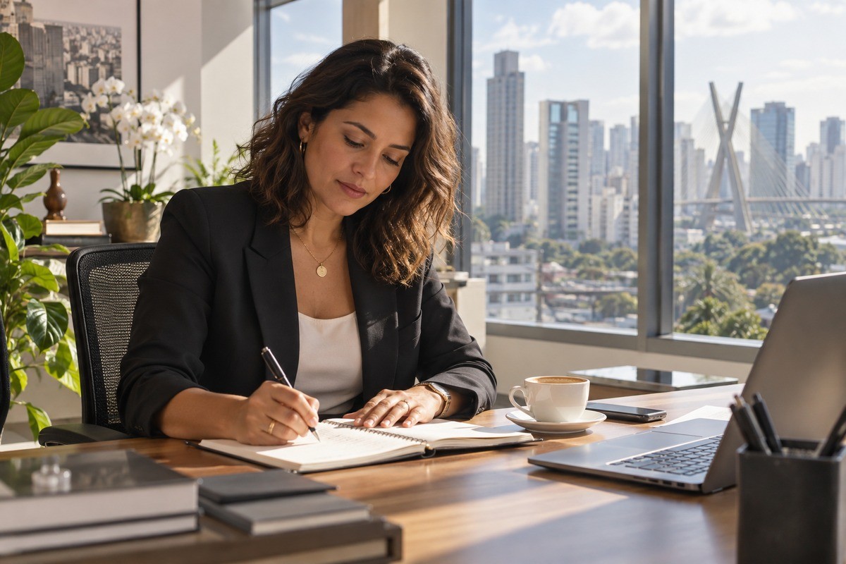 Mulher escreve em caderno sobre mesa de escritório com vista para prédios da cidade.