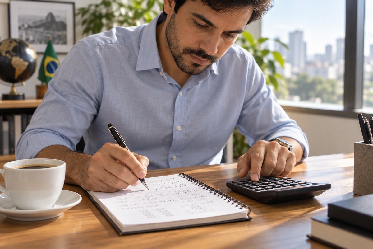 Homem sentado à mesa de escritório escreve em caderno enquanto usa calculadora.