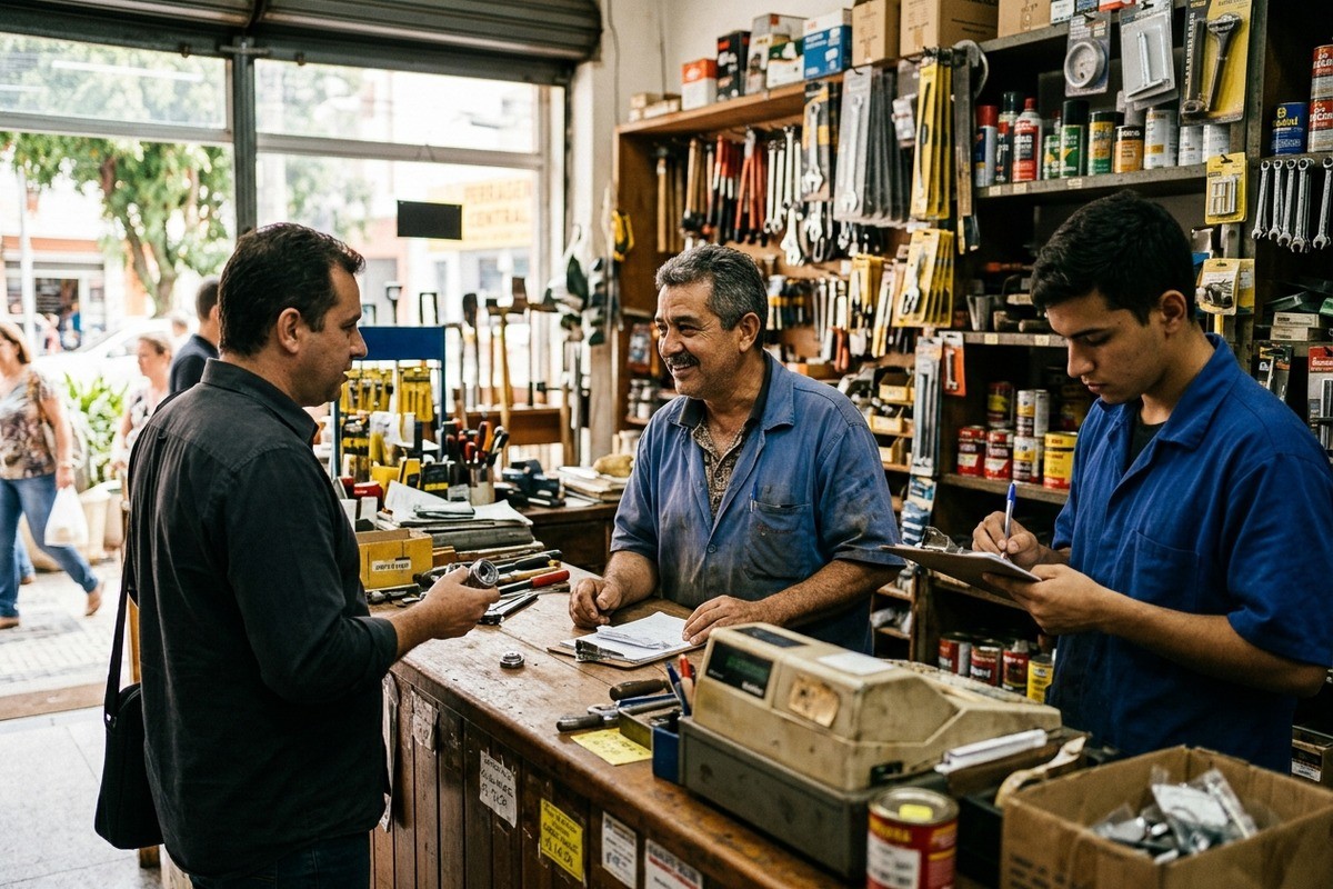 Cliente conversa com vendedor no balcão de loja de ferramentas enquanto funcionário faz anotações.