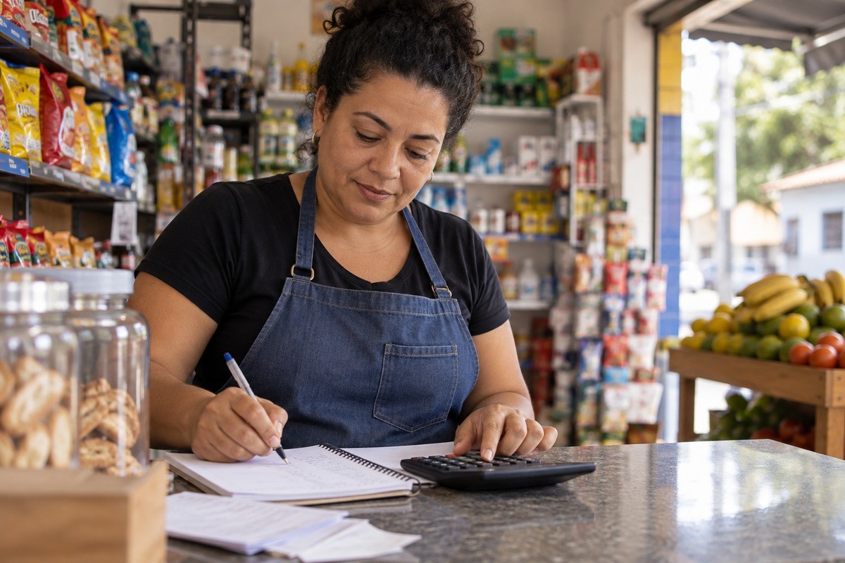 Mulher de avental escreve em caderno e usa calculadora no balcão de uma mercearia.