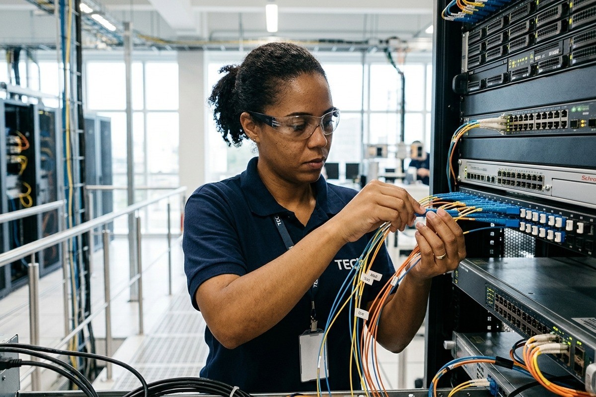 Técnica usando óculos de proteção conecta cabos de rede em servidor num data center.