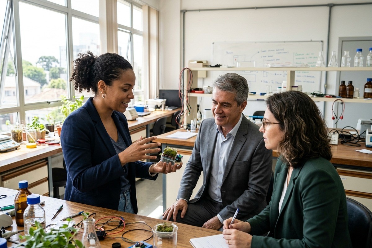Pesquisadora apresenta experimento com plantas a dois executivos em um laboratório.
