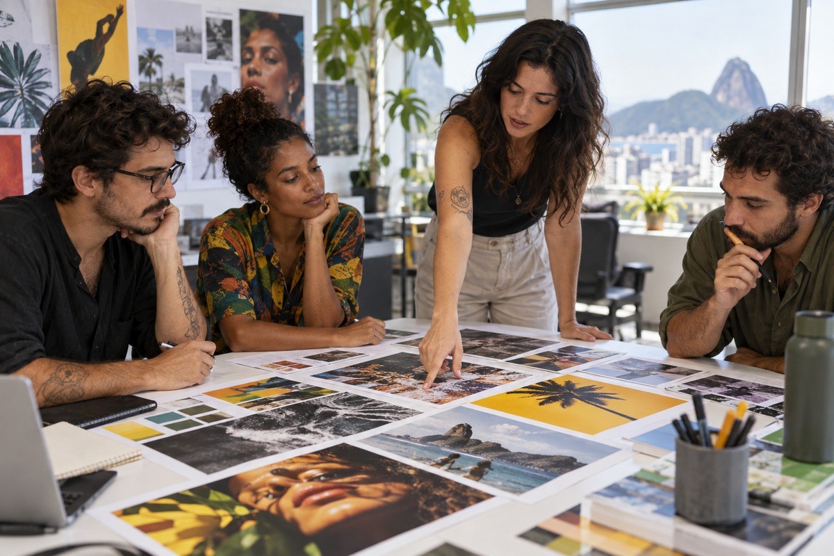 Mulher em pé aponta para fotos sobre a mesa enquanto três colegas observam no escritório.