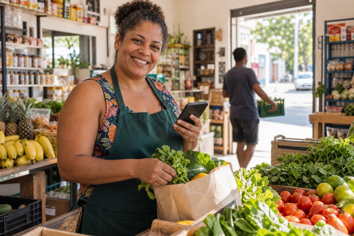 Mulher de avental verde segura celular e sacola com hortaliças em um hortifrúti.