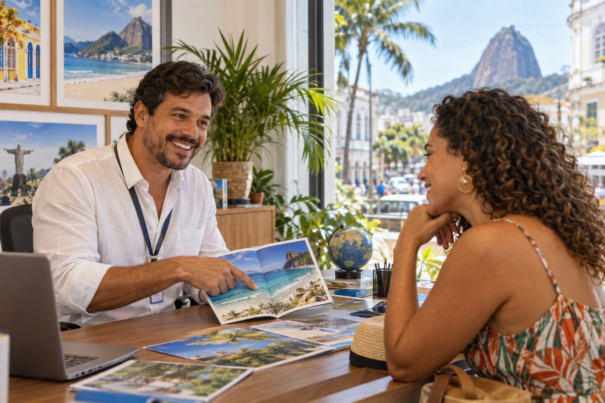 Agente de viagens aponta para um catálogo de turismo enquanto atende cliente em escritório.