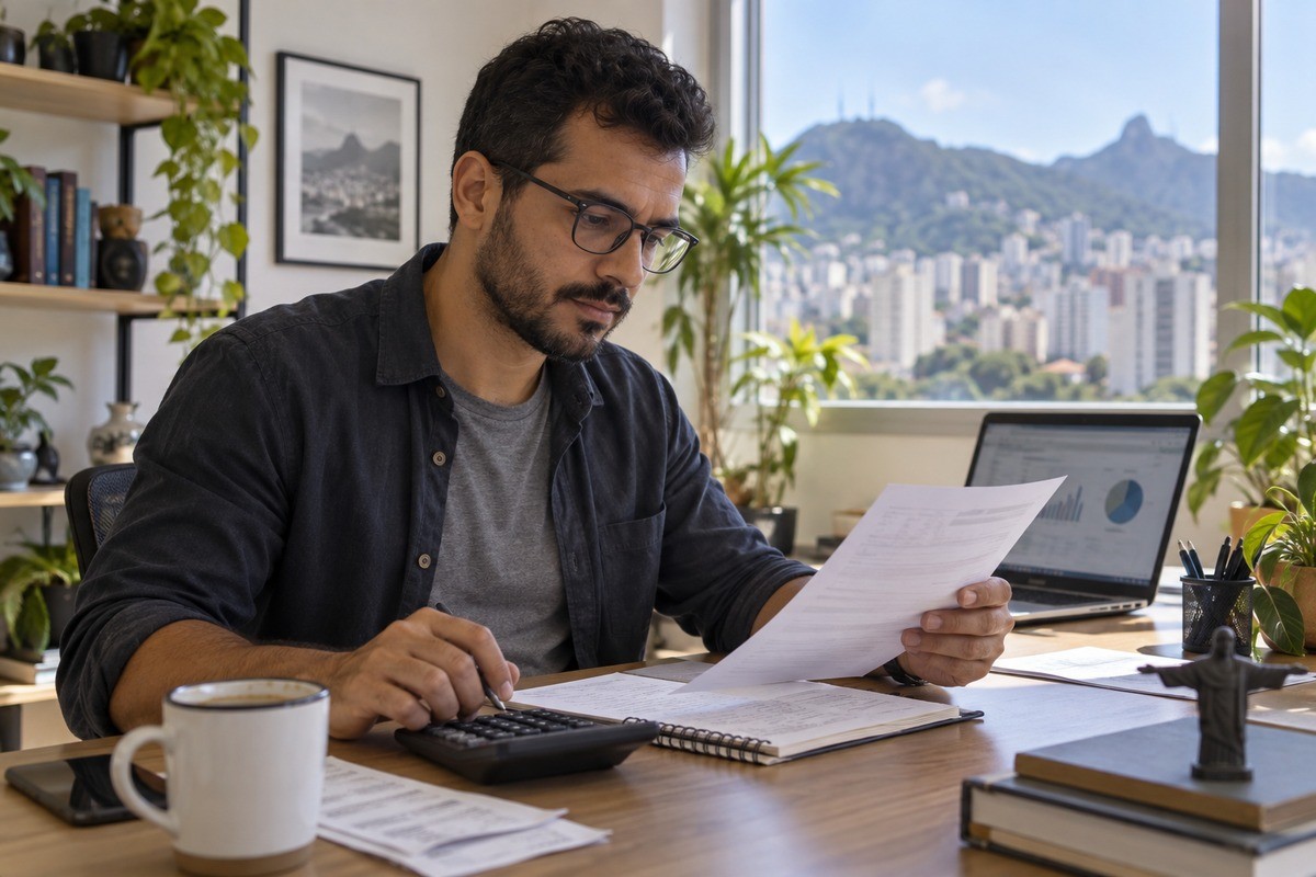 Homem de óculos examina folha de papel e usa calculadora em mesa de escritório.
