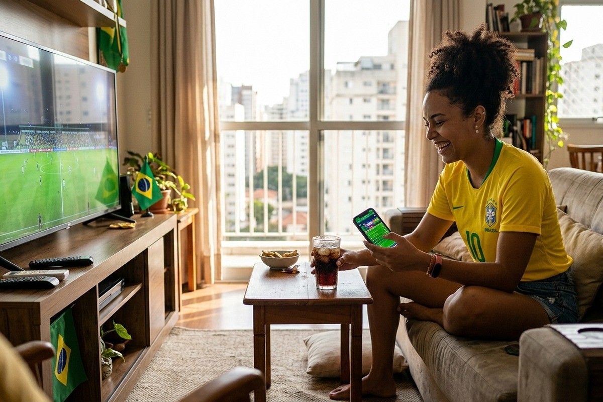 Mulher com camisa do Brasil usa celular no sofá enquanto assiste futebol na TV.