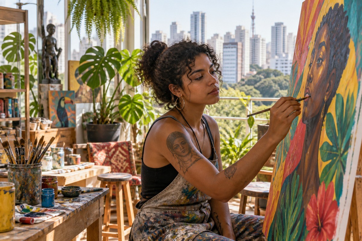 Mulher pinta quadro em cavalete dentro de ateliê com plantas e vista para a cidade.