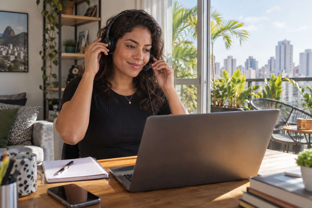 Mulher usando headset trabalha no computador perto de janela com vista para a cidade.