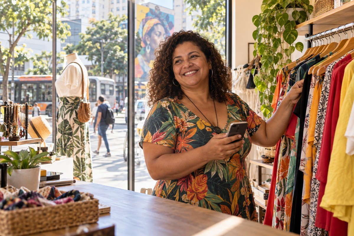 Mulher sorridente segura celular ao mexer nas roupas de uma loja.