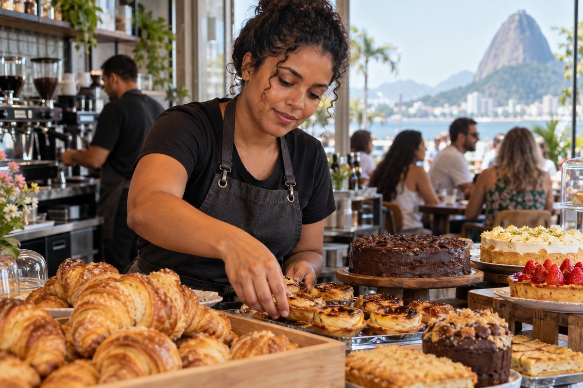 Atendente organiza doces no balcão de uma cafeteria com vista para o Pão de Açúcar.