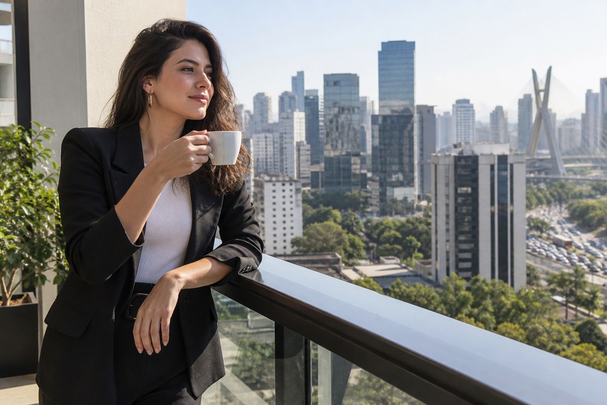 Mulher de blazer preto segura uma xícara em varanda com vista para a cidade.