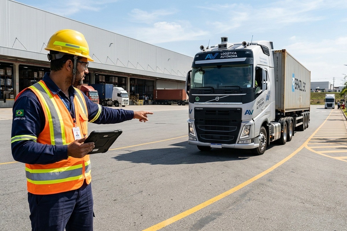 Trabalhador com capacete amarelo e tablet aponta para caminhão em pátio industrial.