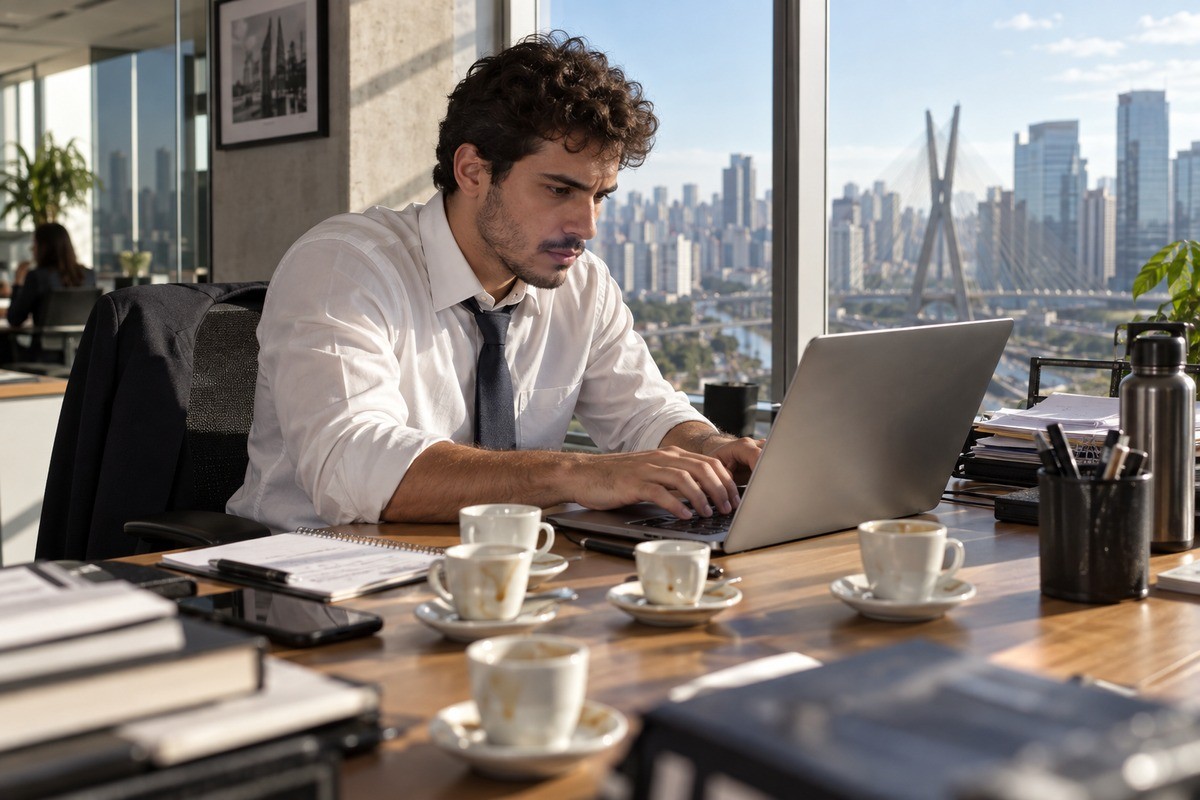 Homem digita no notebook em mesa com xícaras de café e vista para a cidade.