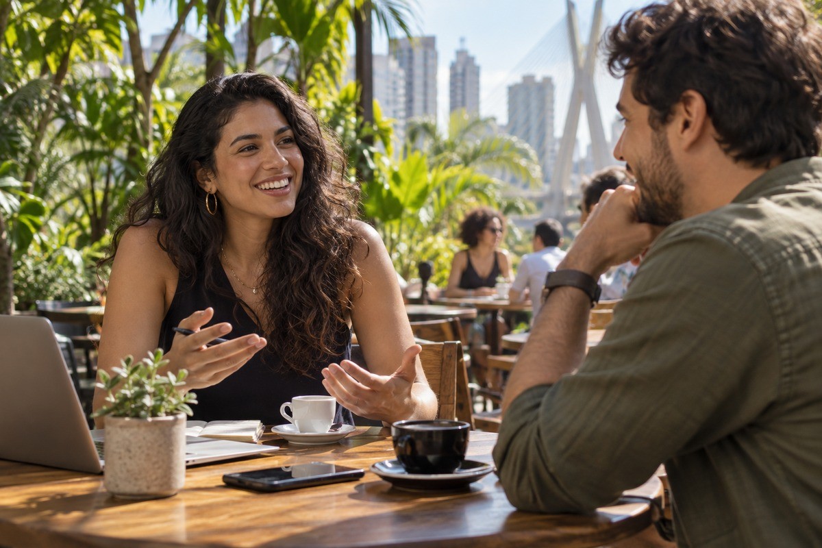 Mulher conversa com homem em mesa de café ao ar livre com notebook e xícaras.