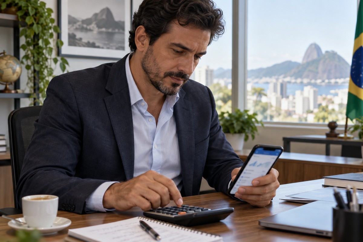 Homem sentado à mesa de escritório usa calculadora enquanto olha para o celular.