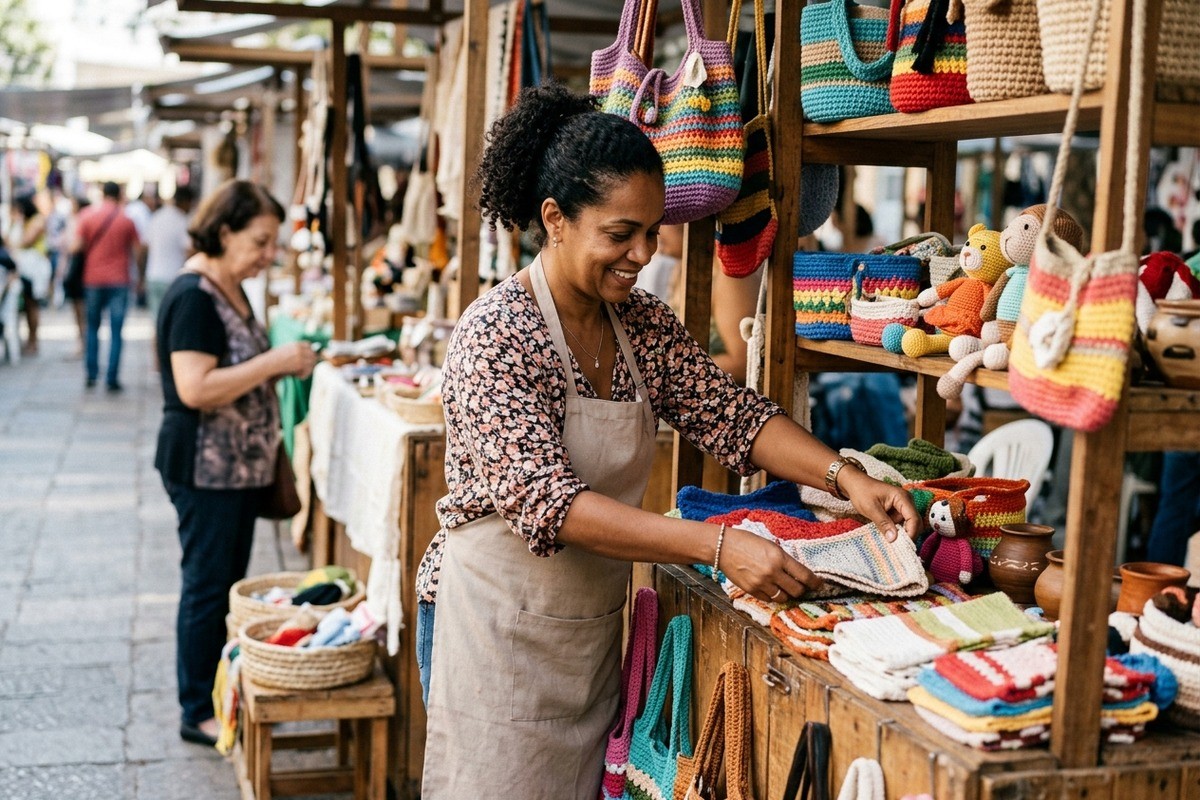 Mulher com avental organiza produtos de crochê em barraca de feira ao ar livre.