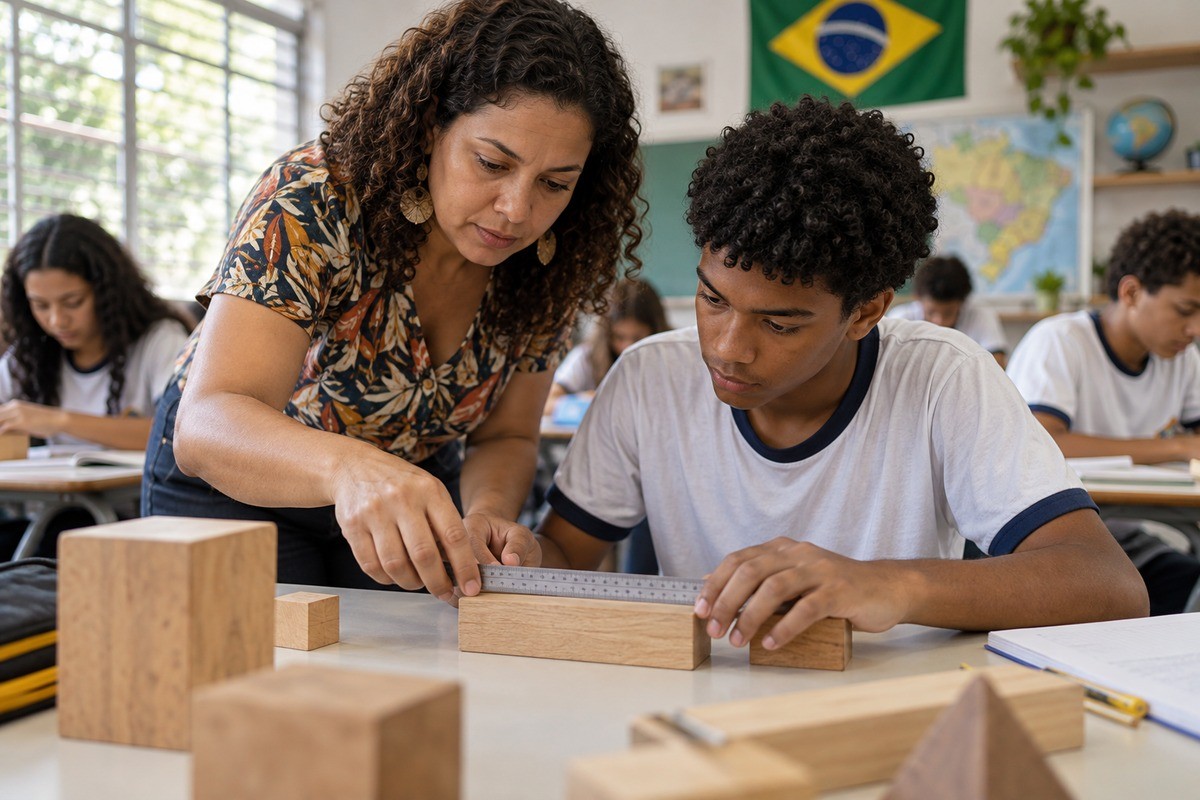 Professora ajuda aluno a medir bloco de madeira com régua em sala de aula.