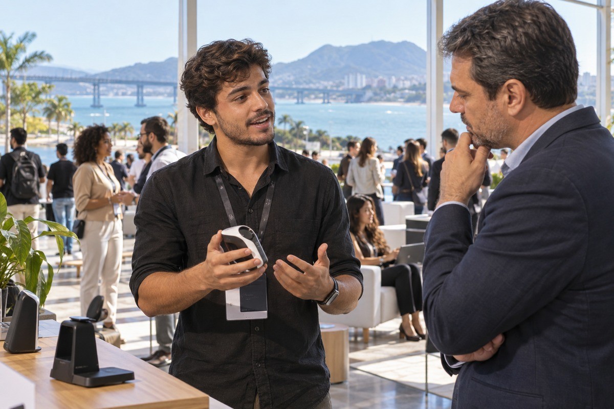 Jovem de crachá apresenta dispositivo a homem de terno em evento próximo ao mar.