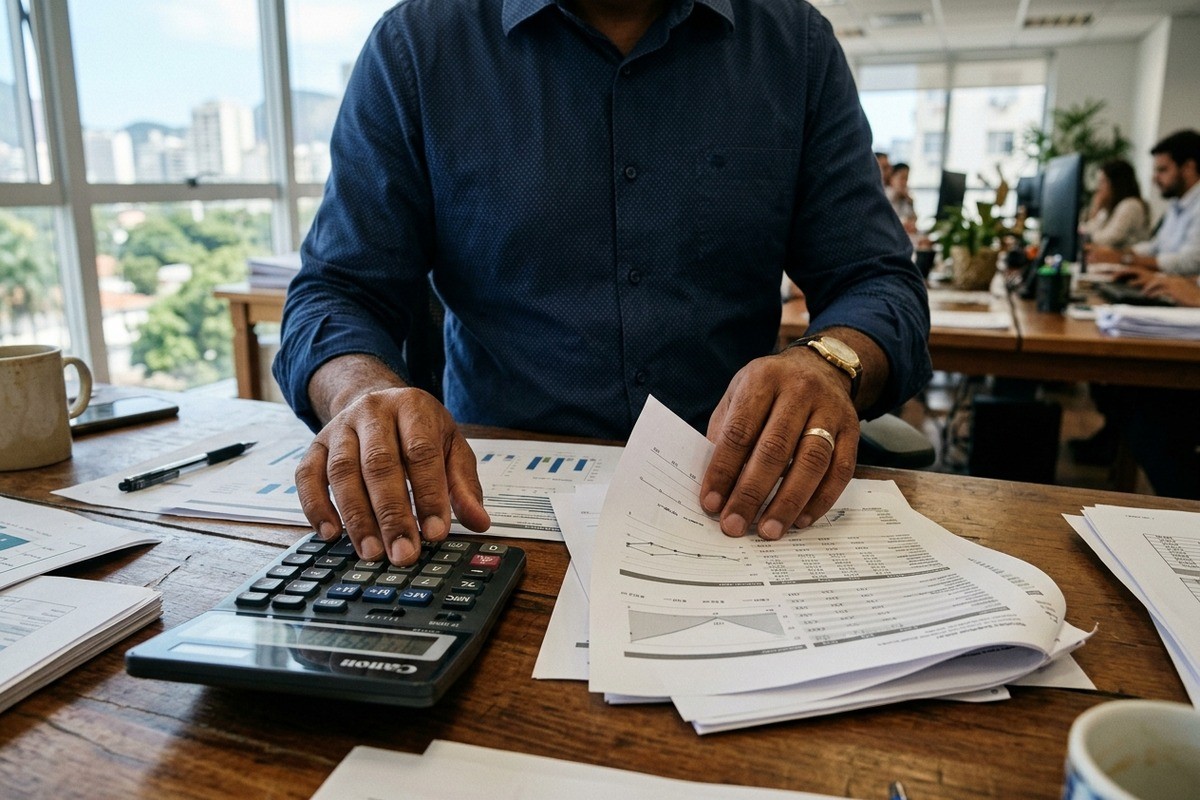 Homem de camisa azul usa calculadora e analisa documentos com gráficos em um escritório.