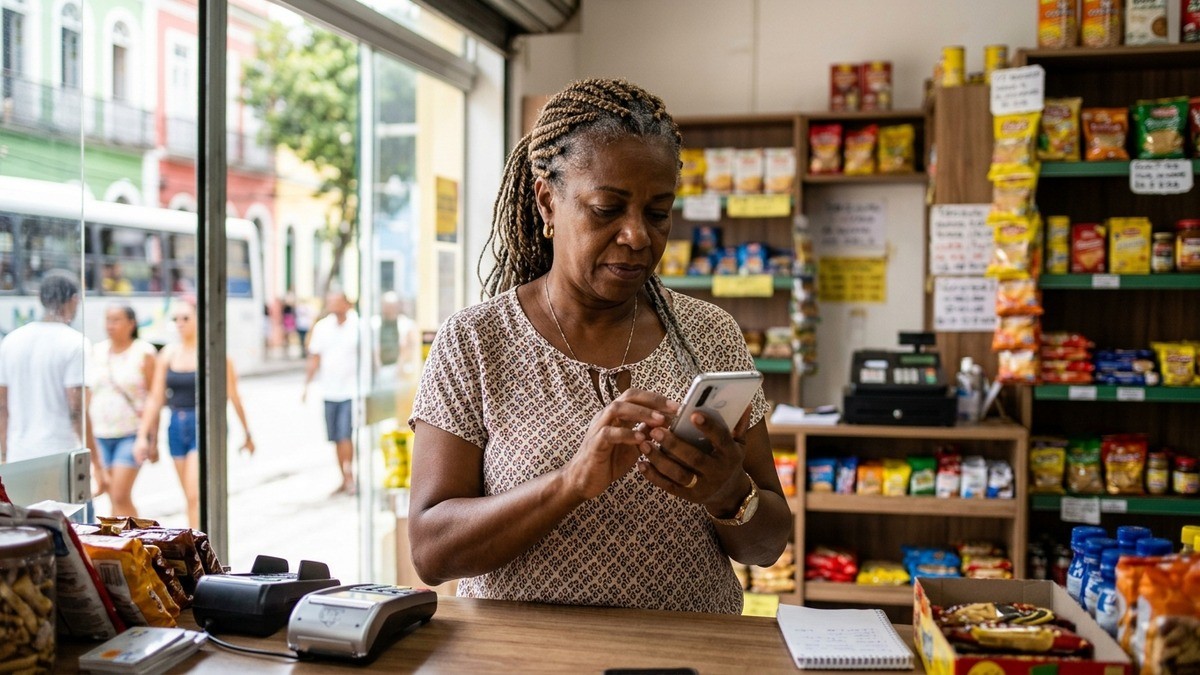 Mulher de tranças usa o celular atrás do balcão de uma mercearia.